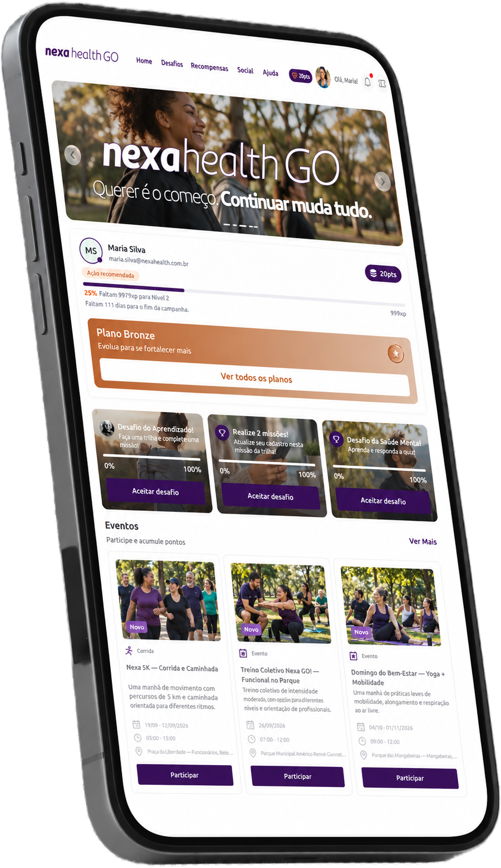 Mockup da plataforma Nexa Health GO exibida em um celular