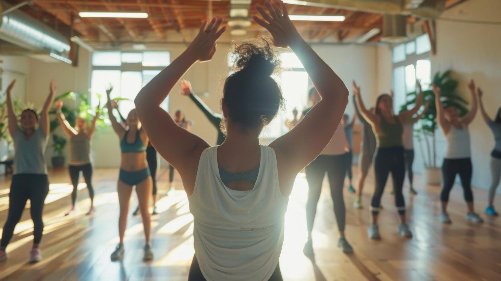 Pessoas participam de uma aula coletiva de exercícios