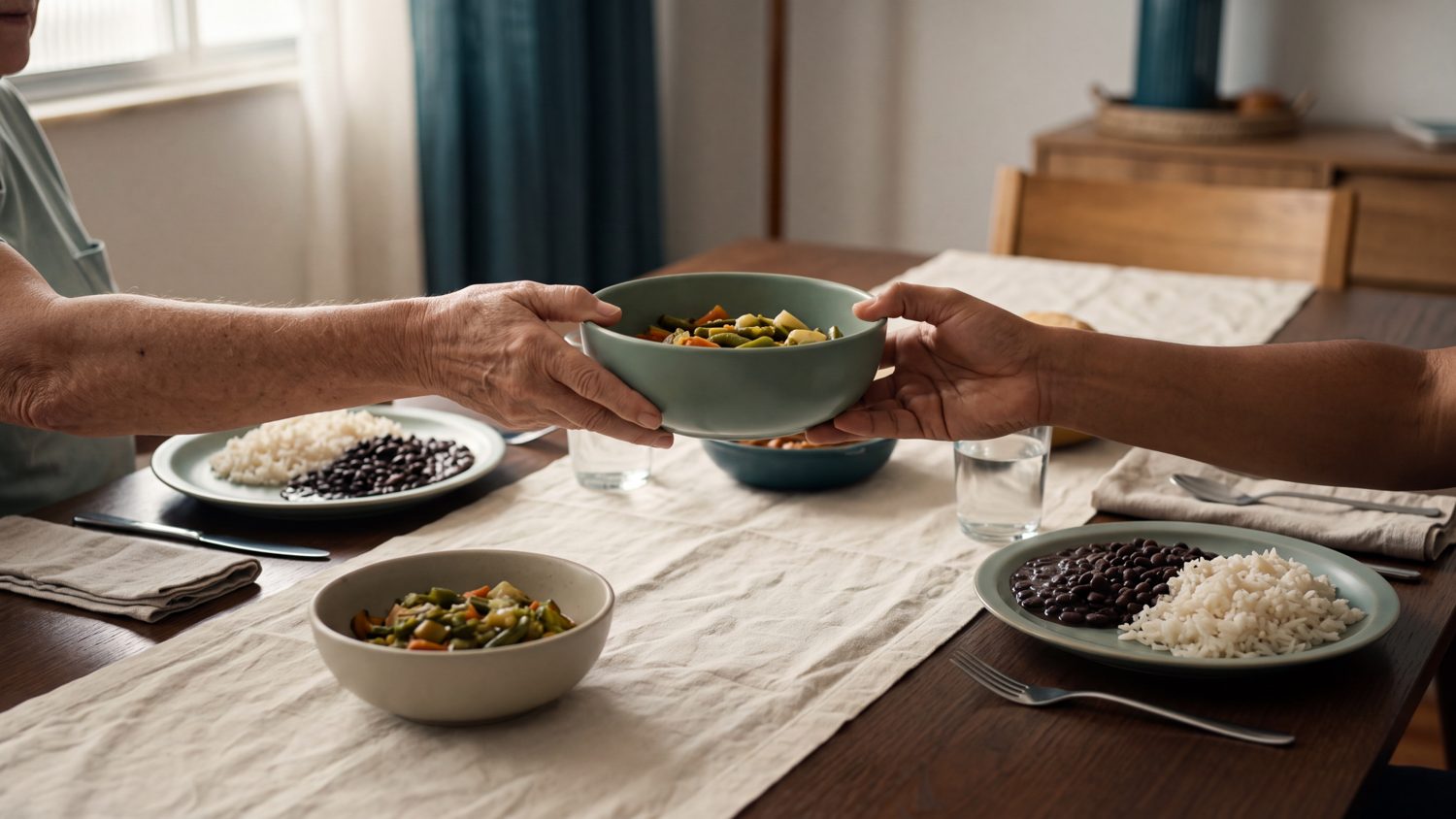 Pessoas compartilham uma refeição à mesa